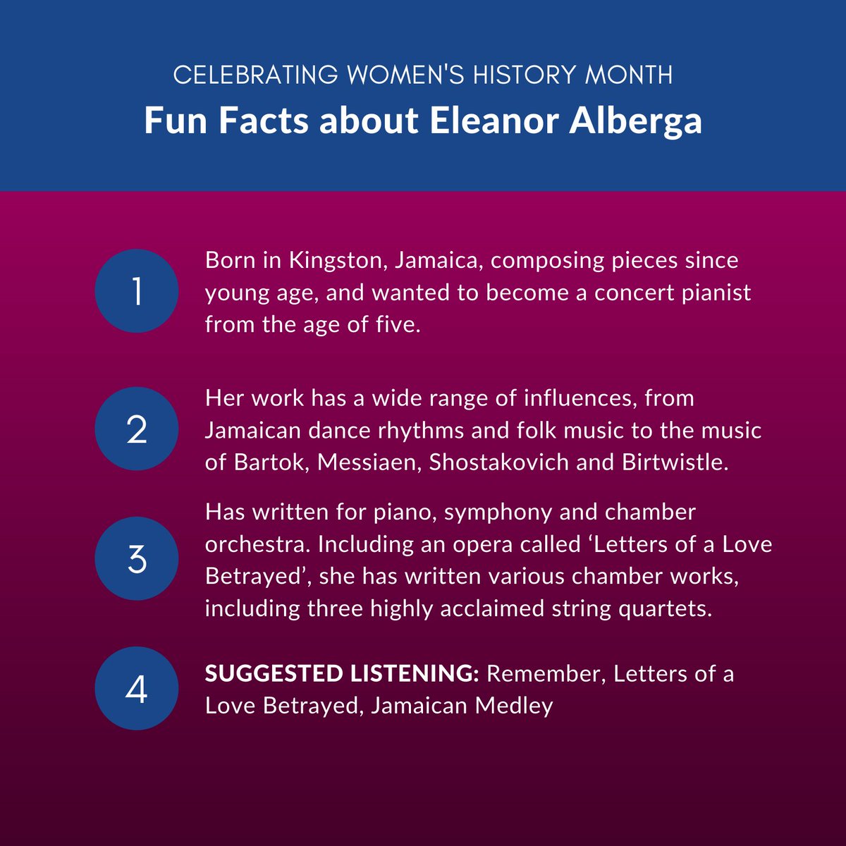 #ComposerSpotlight: @Eleanor_Alberga 

Born in Jamaica and now a leading British composer of contemporary concert music.

🎼Suggested Listening: “Remember” from Music That Feeds the Soul: NationalPhilharmonic.org/soul

#EleanorAlberga #WomensHistoryMonth #WomenComposer