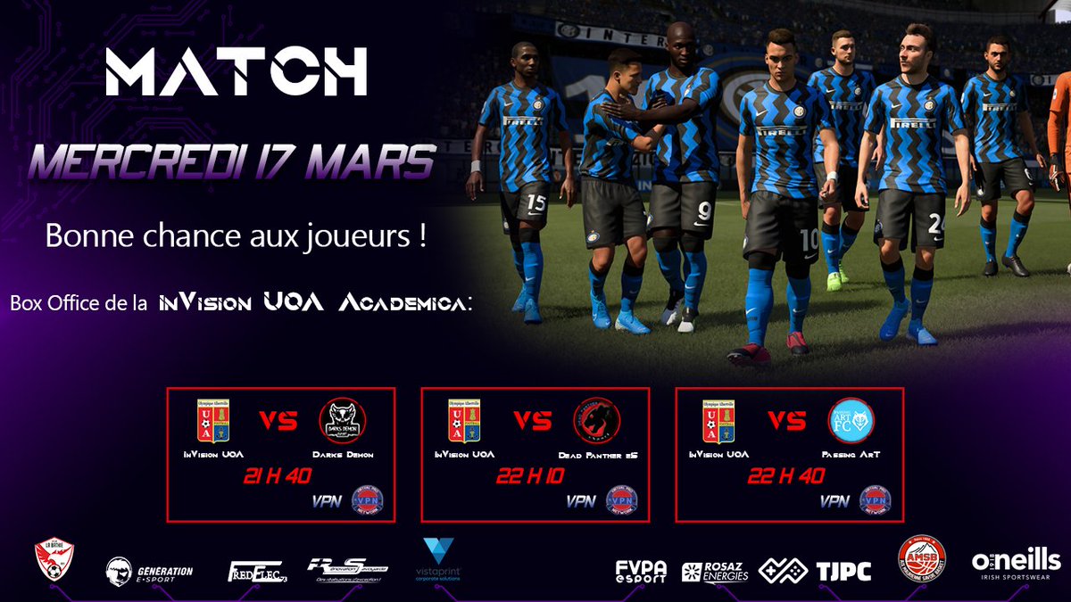 ⚽ RÉSULTATS FIFA ⚽

Bonne soirée dans l'ensemble pour notre équipe la @InvisionAcadem1 qui réalise un 2/3 sur VPN et se qualifie en coupe VPN.

Match 1: 
Darks demon 
2-1✅

Match 2:
Dead Panther eS
0-1❌

Match de coupe:
Passing Art Fc
6-1✅

On continue 💪