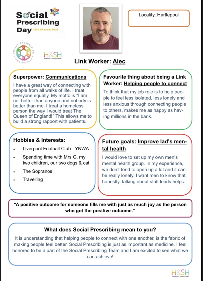 It’s #NationalSocialPrescribingDay today. I’ve been one since December and I’m so proud to be one. I’m Hartlepool’s first ever male social Prescribing Link Worker and boy does that fill me with joy. Contact your GP if you know someone who would benefit from having a SPLW 👍