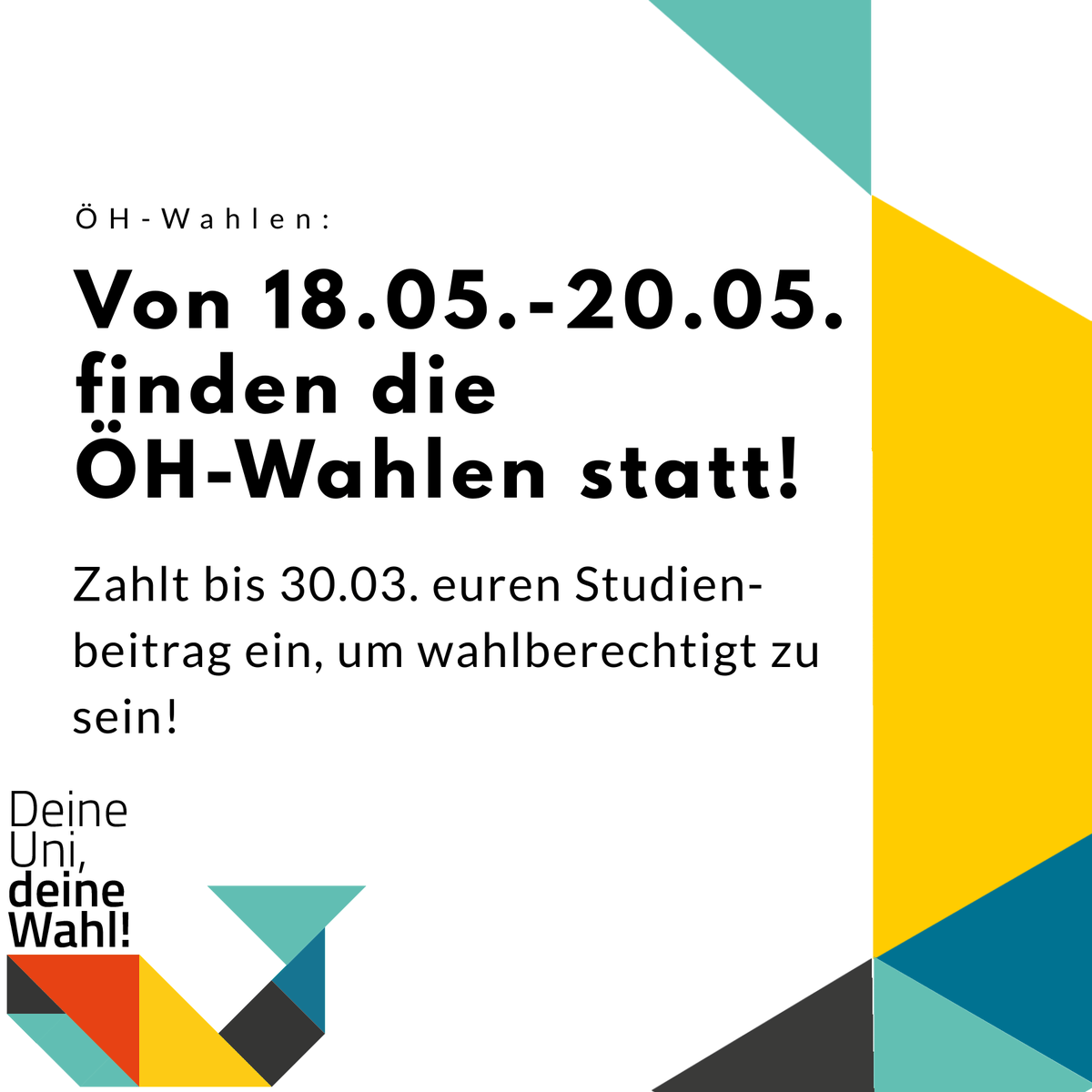 HTUGraz's tweet image. Von 18.05.-20.05. finden dieses Jahr die ÖH-Wahlen statt. Um wählen zu dürfen bzw. selbst kandidieren zu können, müsst ihr euren Studienbeitrag bis spätestens 30.03. bezahlt haben! Bitte beachtet dabei, dass Überweisungen bis zu einige Tage dauern können!  #oehwahl2021