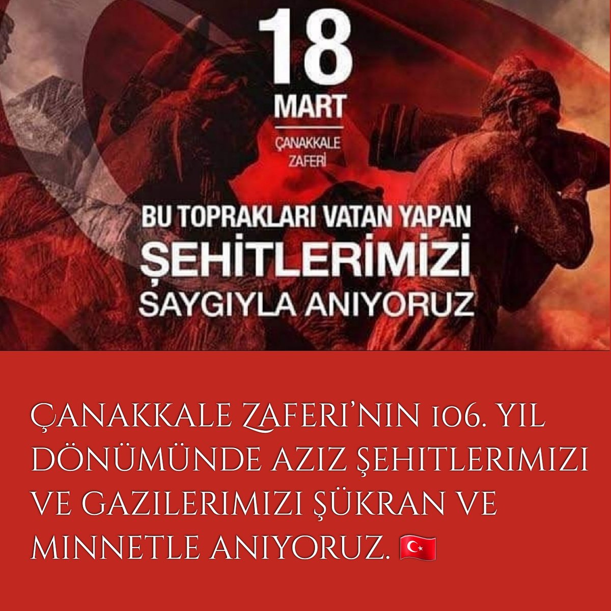 AylinERK's tweet photo. Çanakkale Zaferi’nin 106. yıl dönümünde aziz şehitlerimizi ve gazilerimizi şükran ve minnetle anıyoruz. 🇹🇷

 #CanakkaleZaferi https://t.co/Wx18ornsD4