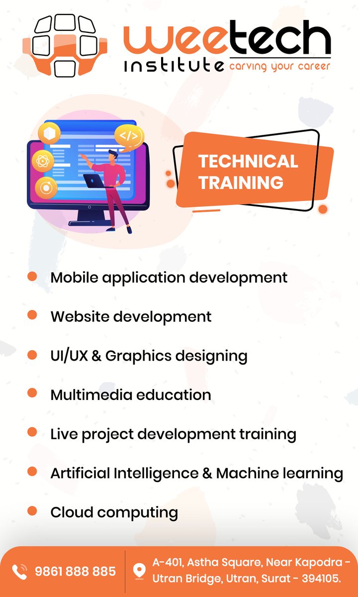 WeeTechInstitut's tweet photo. WeeTech Institute - Best Software Development Training Center in Surat providing Java training, Android training, iOS training, PHP-Web Development training, SEO training, Tizen App training &amp; C-C++ training.
#technical_courses #IT_training #TrainingandDevelopment #institute https://t.co/Wr7gflTDII
