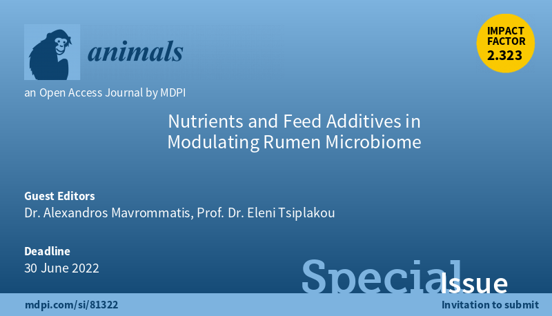 AMavarommatis's tweet photo. @Animals_MDPI  Special Issue is online now
Title: Nutrients and Feed Additives in Modulating #Rumen #Microbiome
Guest edited by Dr.  Alexandros Mavrommatis &amp; Prof. Eleni Tsiplakou  
Deadline: 30 June 2022
Details: https://t.co/n8HctPawqb
Welcome to submit! https://t.co/F4aAL97ZG3 https://t.co/7w2eN4RLc8