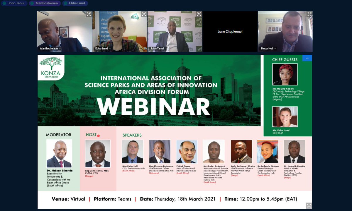 Starting now: #IASPafrica web forum hosted by our colleagues at <a href="/konzatech/">Konza Technopolis Development Authority</a> with regional and global #IASPmembers sharing their insights on the role of #innovationecosystems in economic recovery

Join here: vc.konza.go.ke/b/kon-yus-nxe-…

#scienceparks #areasofinnovation