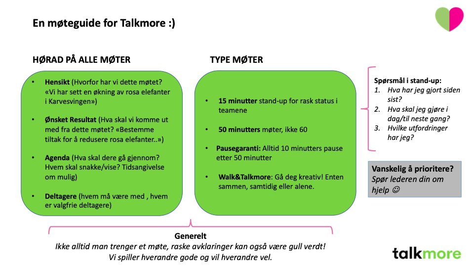 Talkmore_Presse's tweet photo. Møter dagen lang? Kanskje Talkmores møteguide kan være til glede. Vi har innført pausegaranti og HØRAD på alle møter. Trenger man egentlig møtet? Raske avklaringer gull verdt :) #pausegaranti https://t.co/Auu6DLhbdF