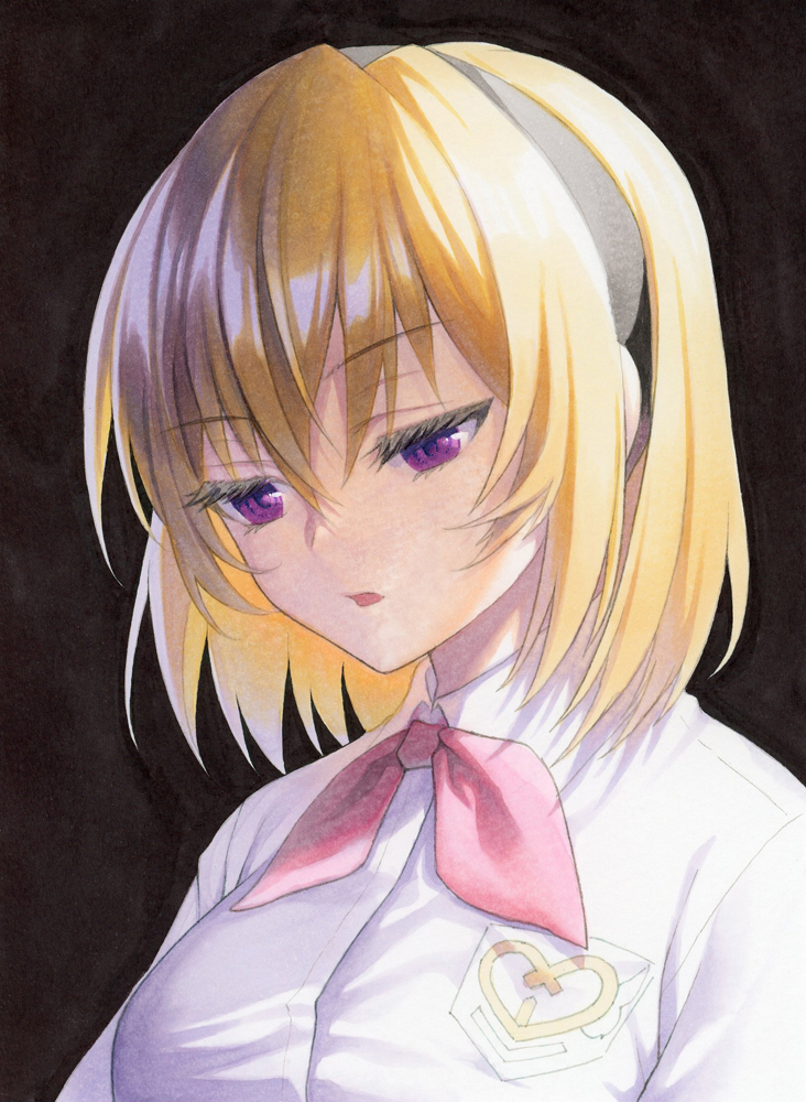 houjou satoko 1girl traditional media solo shirt blonde hair hairband purple eyes  illustration images