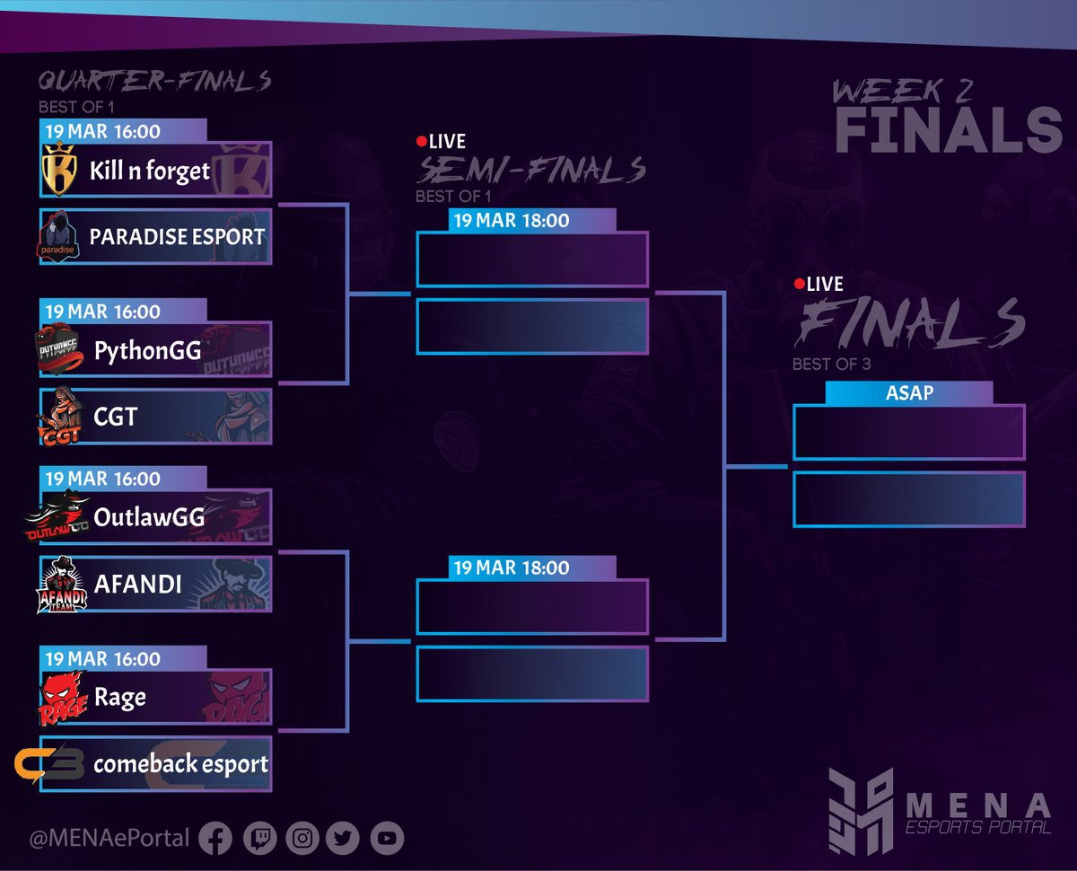 MENAePortal's tweet photo. 🚨FINALS BRACKET🚨

The live stream will start from the semi-finals here:
Twitch👉https://t.co/fbkYtXsAHE
YouTube👉https://t.co/4so67UDyXc
Facebook👉https://t.co/Dbs3IRvgwC

*الأوقات بالصورة تابعة للتوقيت المصري*
*زمان ها در تصویر به وقت محلی مصر میباشد*

@UbisoftME 
@Rainbow6AR https://t.co/C78Oot62Vb