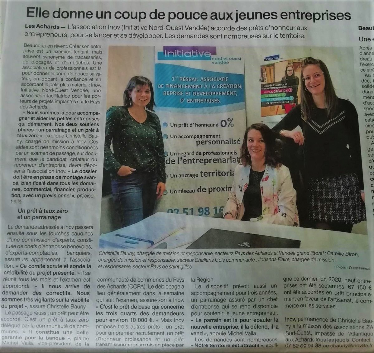 Remerciements à <a href="/OuestFrance85/">Ouest-France 85</a> pour son article qui retrace les actions d'<a href="/inov85/">Initiative Nord et Ouest Vendée</a> sur les 4 territoires :
<a href="/PaysdesAchards/">Pays des Achards</a> 
<a href="/VGrandLittoral/">Vendée Grand Littoral</a> 
Challans Gois Communauté 
et Pays de Saint Gilles Croix de Vie !