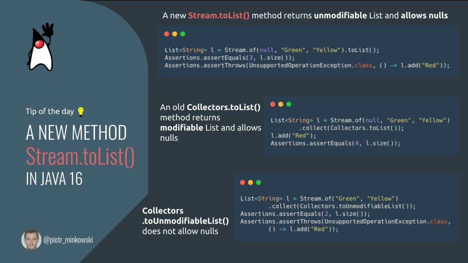 piotr_minkowski's tweet image. Tip of the day 💡
#Java16 introduced a new method Stream.toList(). How to use it and how it compares with .collect(Collectors.toList()) and .collect(Collectors.toUnmodifiableList()) 👇