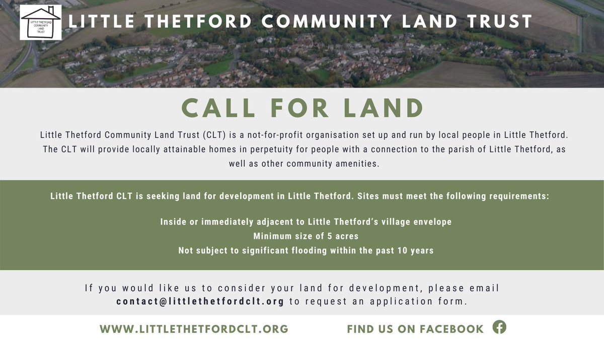 Exciting news for Little Thetford #CLT. They have just launched their CALL FOR LAND. If you have land that meets the requirements email contact@littlethetfordclt.org for an application form #community #communityledhousing #attainablehousing