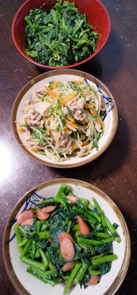 Sujiko ほうれん草のごま和え 豚肉と水菜ともやしの源たれ炒め アスパラ菜とウインナーのコンソメ炒め ご飯支度やりたくなかったけど いつもの野菜がいっぱいあったから頑張ってやった １人になりたいなぁ T Co Oc6szbtkxp Twitter