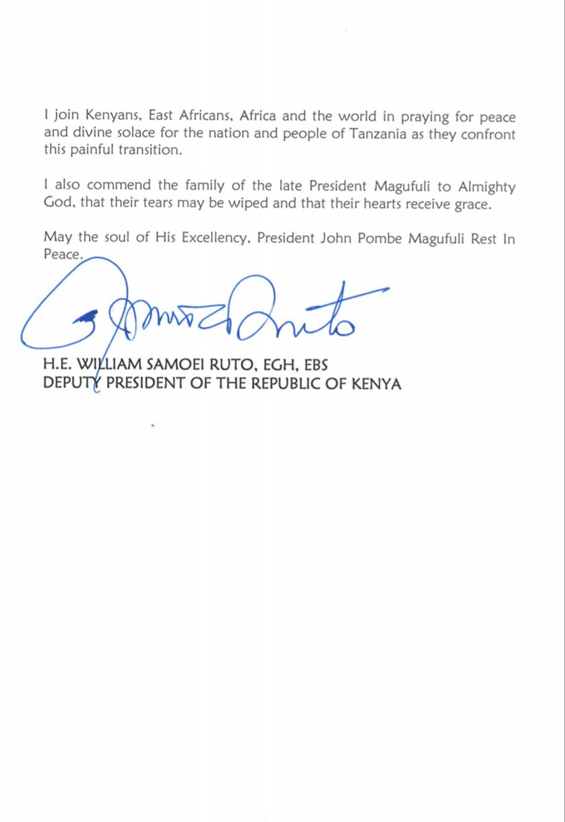 WilliamsRuto's tweet image. Condolence message to the family of the late President Dr. John Pombe Magufuli and the people of The United Republic of Tanzania.