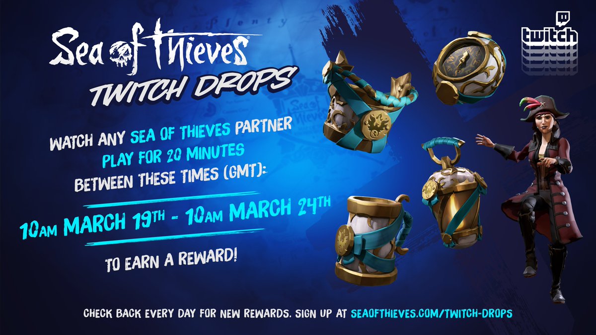 Image shows the Gilded Phoenix items, which are all white, gold and turquoise with a very fancy style. From top the bottom is shows the compass, bucket, lantern and tankard. On the right, a pirate is holding their hands to the right while balancing on one leg in the Hornpipe Dance.