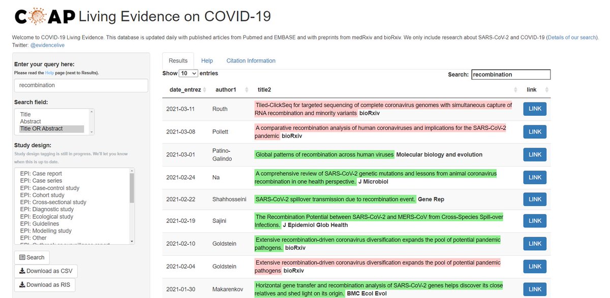 askfredbrown's tweet image. Just used @evidencelive to search for published and pre-print articles on recombination in context of Covid-19. [zika.ispm.unibe.ch/assets/data/pu…] Hoping to hear more on this topic at @RoySocMed webinar today: The pandemic year - what happens next?zoom.us/webinar/regist… @mugecevik