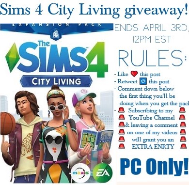 Sims 4 Expansion Pack Giveaway!

✅Rules below
🚨Ends April 3rd, 12pm EST🚨
#SimsGiveaway #thesims4giveaway #TS4Giveaway #TheSims4 #Sims4CityLiving #ts4cityliving #TS4