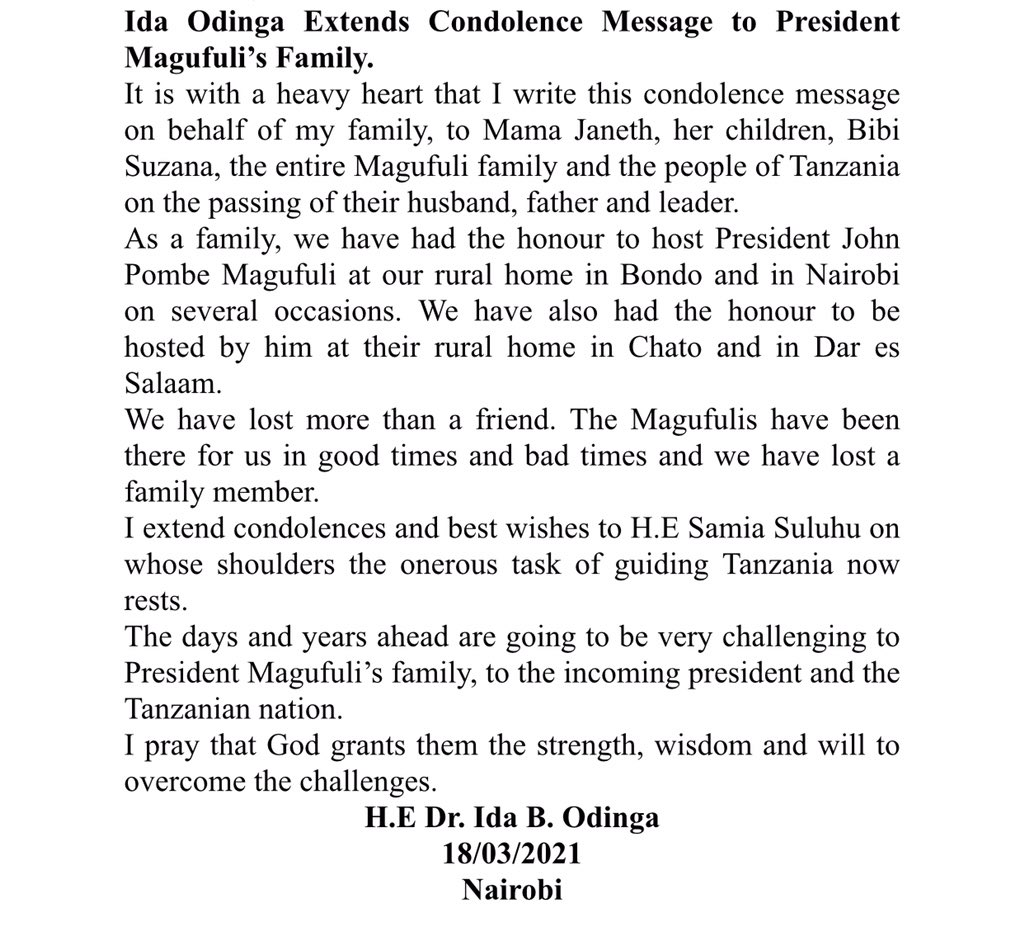 IdaOdinga's tweet image. We have lost more than a friend. 

The Magufulis have been there for us in good times and bad times and we have lost a family member.

My condolences go to Mama Janeth, her children, Bibi Suzana, their entire family and people of Tanzania on the passing of President @MagufuliJP.