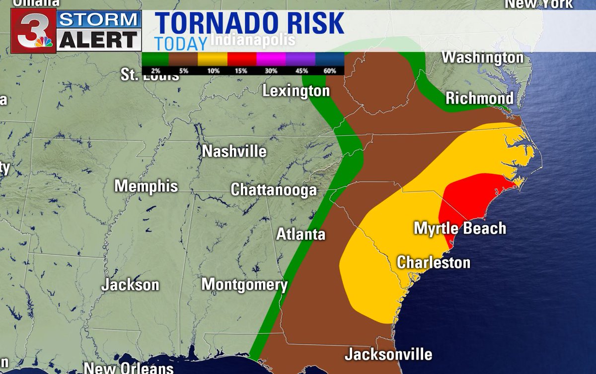 Local3Weather's tweet photo. The severe weather risk has moved east.  The tornado risk is fairly high in the Carolinas today. https://t.co/hPUAOIevDZ