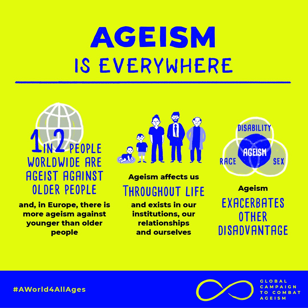 Ageism is not directed only at younger people or only at older people, it will affect most of us at some point in our lives. Join the movement to combat ageism and create #AWorld4AllAges.

👉 bit.ly/AWorld4AllAges