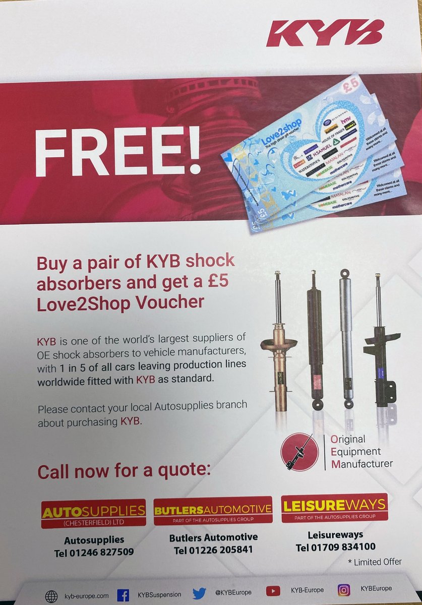 ButlersAuto's tweet image. Buy of pair of KYB shock absorbers and get a £5 Love2Shop Voucher. Limited time offer!