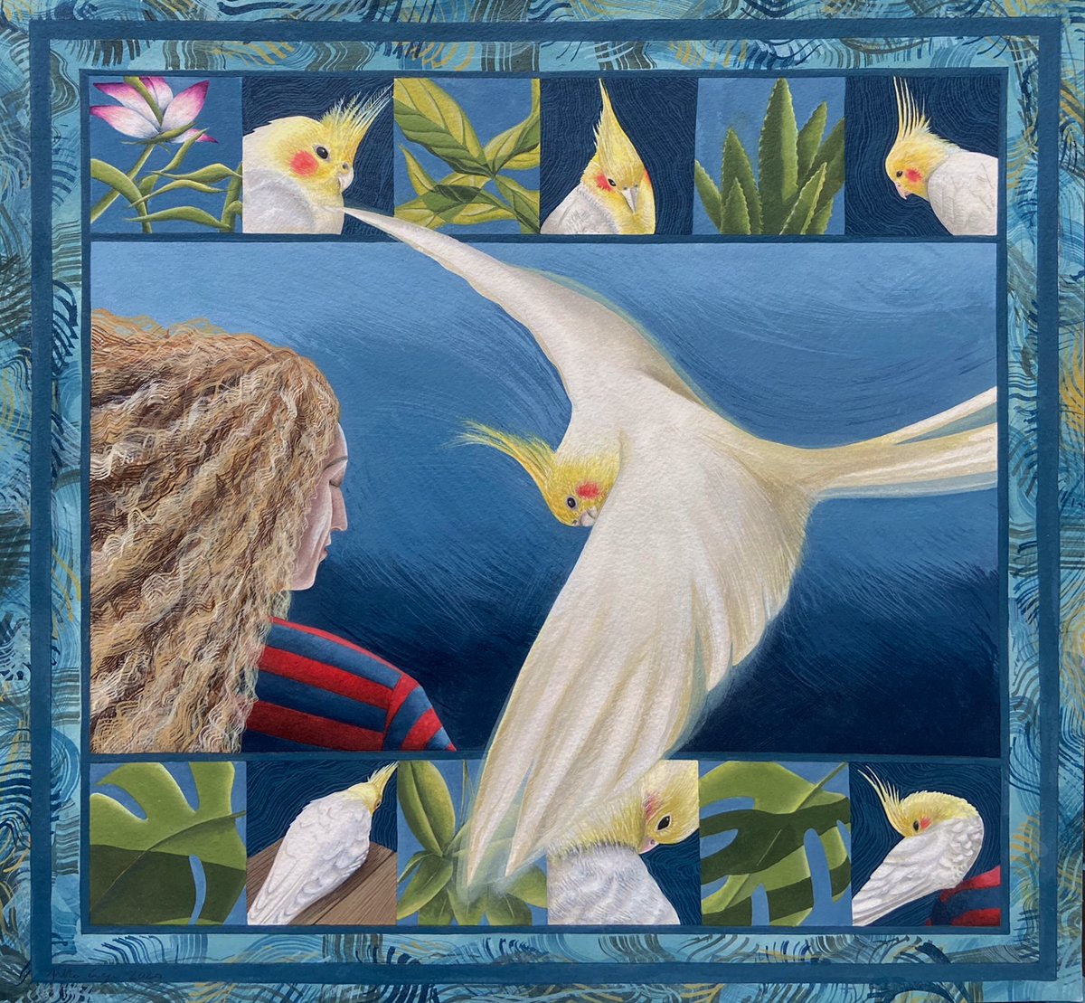 Artist Anthea Gage says: 'This painting is a portrait of my friend Nicola and her pet bird, Bazil. Sadly, he died last year, so what started as a portrait became a life story. Nicola says I caught his expression.' For more creatures great and small, visit ow.ly/vzN050E1pMp