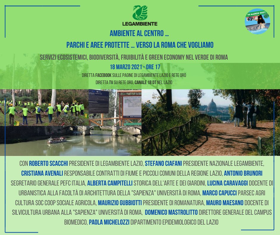 LegambienteLa's tweet photo. Stasera, l'Ambiente al Centro... con Parchi e Aree Protette, verso la #Roma che vogliamo: servizi ecosistemici, biodiversità, fruibilità e green economy, quale futuro per il verde della Capitale https://t.co/L1q92mrKKn 
Diretta FB e TV su @reteoro ch 18 del Digitale Terrestre https://t.co/weQS7QlA5b