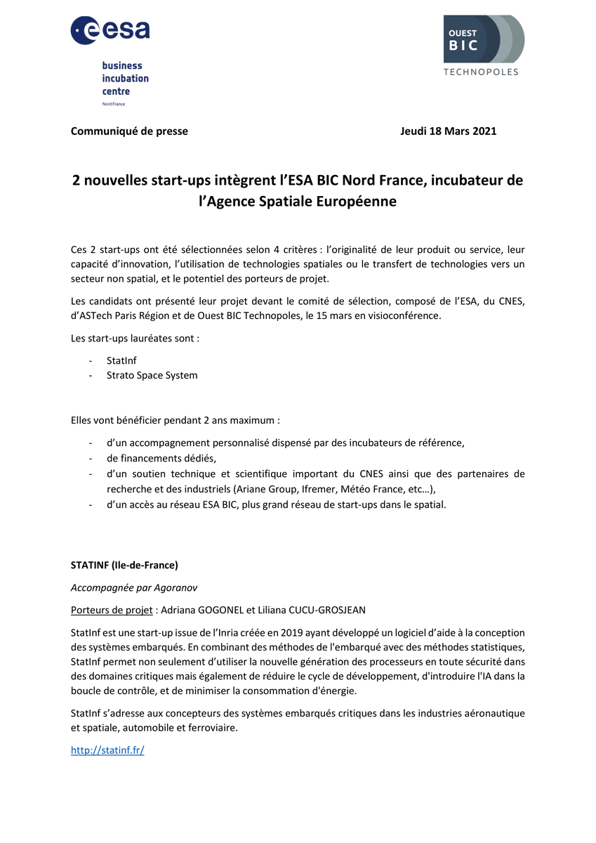 ESABICNordFr's tweet photo. 📢 L'ESA BIC Nord France accueille 2 nouveaux incubés:
- @Statinf1 
- #StratoSpaceSystem 
Elles bénéficieront de:
📊 accompagnement business par @Agoranov_innov et @IncubAlliance 
💶 soutien financier
🚀 soutien technique par @CNES/@ConnectbyCNES  
🤝accès au réseau #ESABIC https://t.co/0iX5NRWpNU
