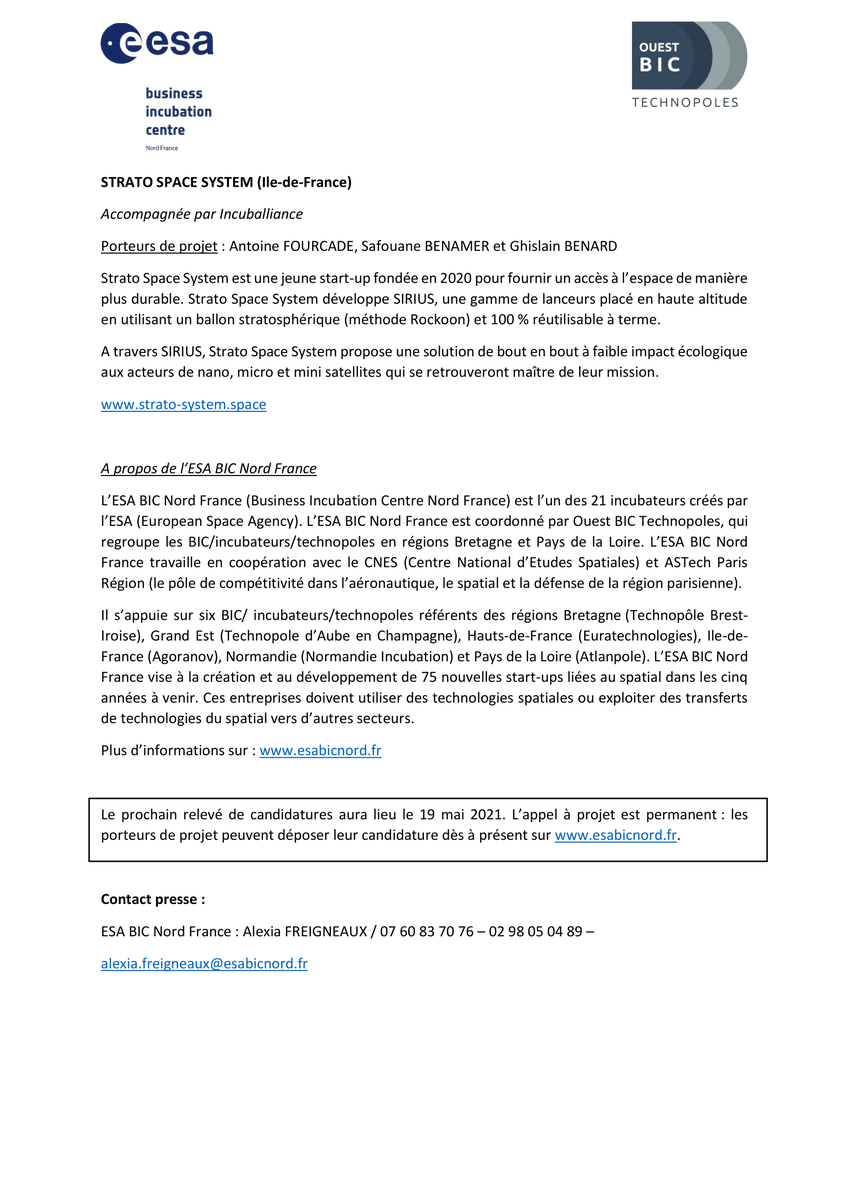 ESABICNordFr's tweet photo. 📢 L'ESA BIC Nord France accueille 2 nouveaux incubés:
- @Statinf1 
- #StratoSpaceSystem 
Elles bénéficieront de:
📊 accompagnement business par @Agoranov_innov et @IncubAlliance 
💶 soutien financier
🚀 soutien technique par @CNES/@ConnectbyCNES  
🤝accès au réseau #ESABIC https://t.co/0iX5NRWpNU