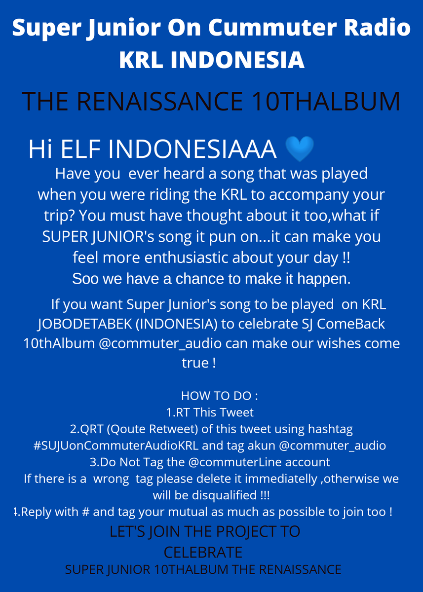 leeacloud's tweet photo. HELP RT!!! 
ELF !!! Yuk kita ramaikan Project Comeback 10thAlbum SUPERJUNIOR ini dengan memutar lagu-lagu SUJU di KRL JABODETABEK. 

TARGET KITA 1500 QRT !!

#SUJUonCommuterRadioKRL #superjunior #TheRenaissance #HouseParty
@commuter_audio @sjofficial https://t.co/r6LNEt5qJ8