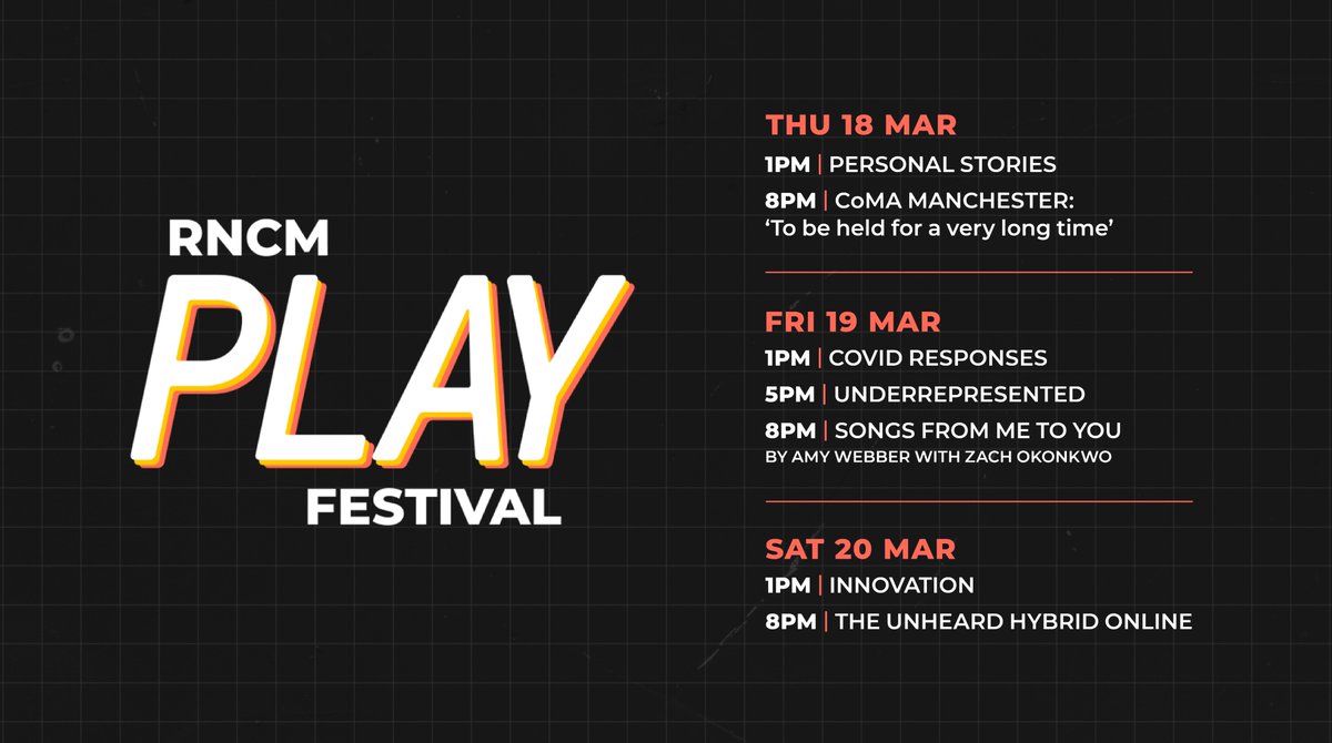 #RNCMPLAY Festival starts today! 1pm: PERSONAL STORIES - music with an important and personal resonance to its creators.   8pm: @CoMAManchester - an audio-visual collab project featuring soundwalks, remote collective music-making and Zoom rehearsals. >> rncm.ac.uk/rncmplay