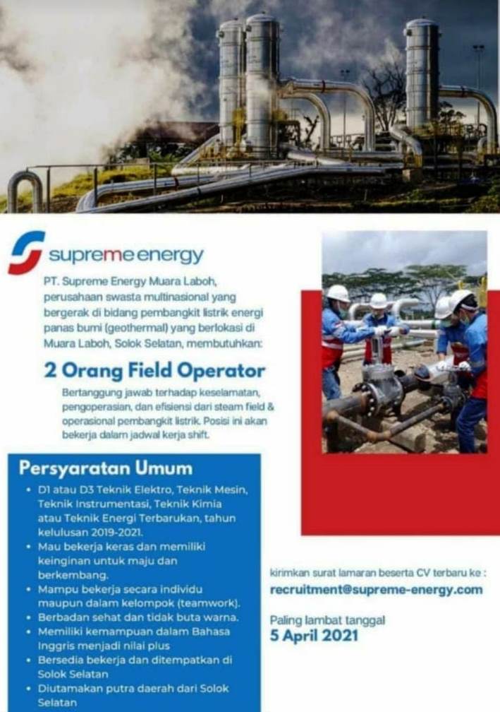 Kaba Solok Selatan A Twitter Lowongan Kerja Di Pt Supreme Energy Muara Laboh Untuk 2 Orang Field Operator Syarat Syarat Batas Waktu Dan Pengiriman Lamaranb Melalui Email Pada Brosur Lowongan Terlampir Https T Co Cs2tk6zavb