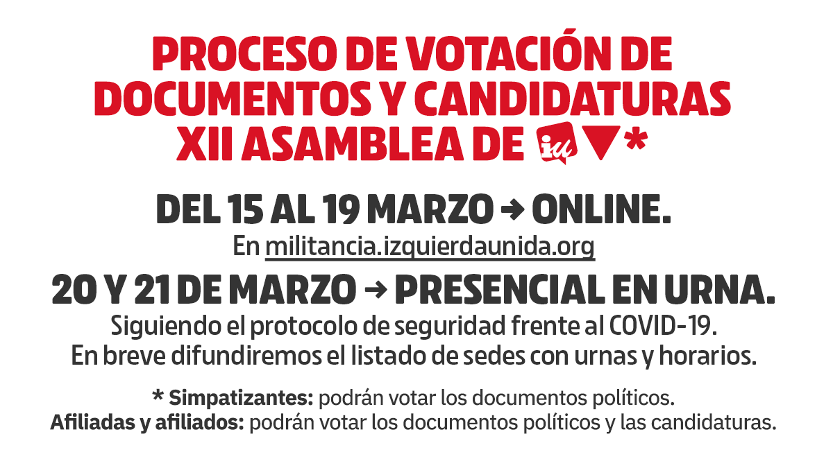 EUCat's tweet photo. ⚠️ Només queden dos dies per a votar online els documents i candidatures per a la #XIIAsambleaFederal d'@IzquierdaUnida.

🗳 Si ets militant o simpatitzant, entra en https://t.co/nd4XyQWCXf i vota!

⏳ Recorda que el termini expira demà divendres a les 21h. https://t.co/lQw5VoWZKo