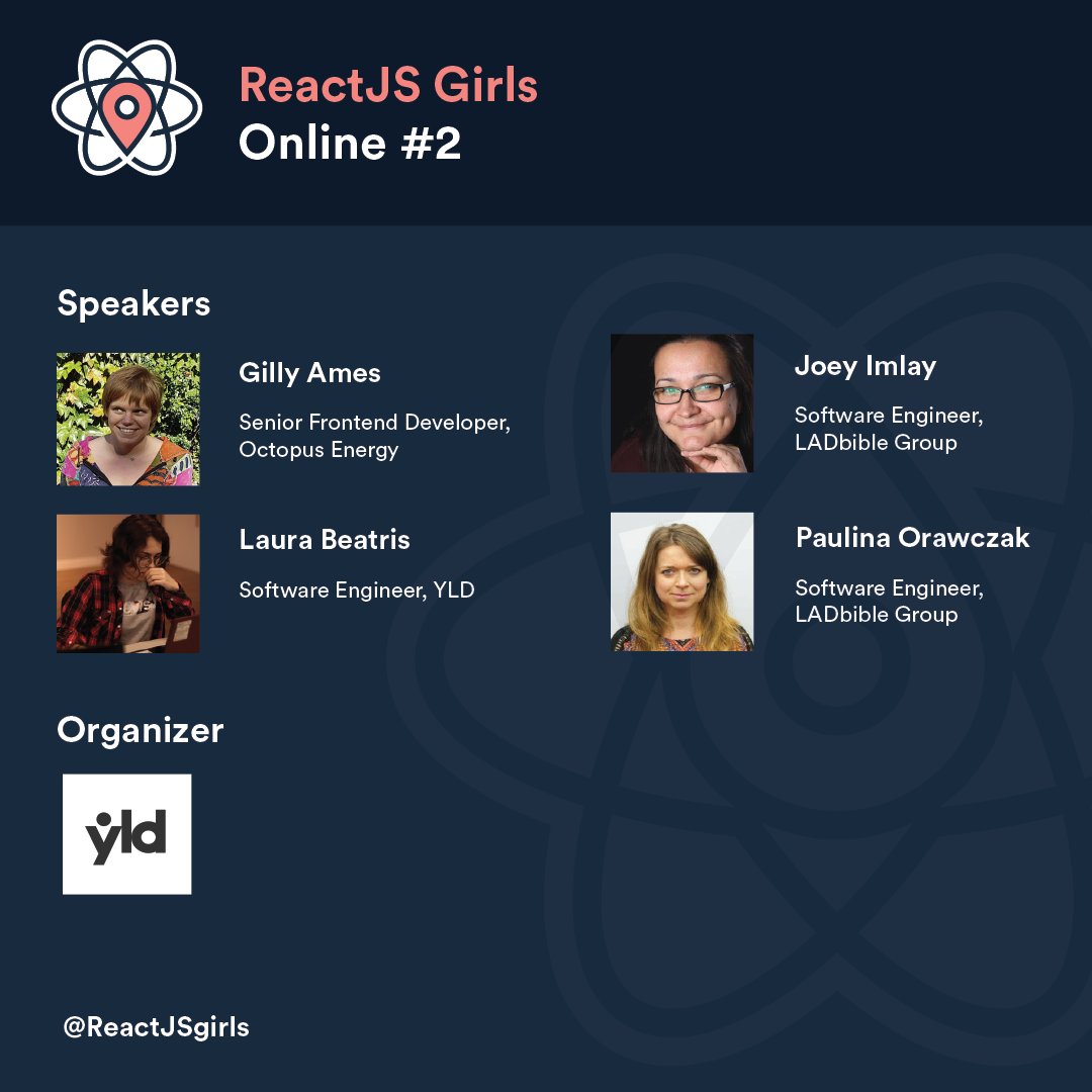 ReactJSgirls's tweet image. The news you've been waiting for - ReactJS Girls Online #2 will be held at 5PM GMT on the 22nd April!
Sign up here: link.yld.io/ZI020W
@SoEclecticGames @lauradotjs @dentednerd
#ReactJSGirls #Meetup #WomenInTech