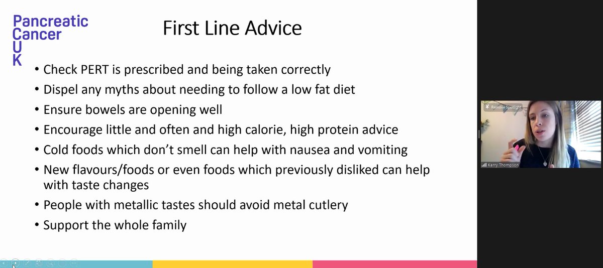 HarrietSmith8's tweet photo. Top tips from Kerry Thompson @NHSGGC on managing diet and digestive symptoms in #PancreaticCancer  #PCUKStudyDay @PancreaticCanUK https://t.co/0T4qOBLfD4