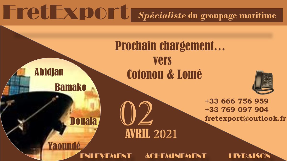 fretexport's tweet photo. Le prochain chargement pour COTONOU &amp; LOME est prévu pour le 02 AVRIL 2021. 
Fretexport vous invite à la découverte de nouvelles destinations:
ABIDJAN - BAMAKO - DOUALA - YAOUNDE...
et vous remercie pour votre fidélité https://t.co/Z4yNbpqxYB