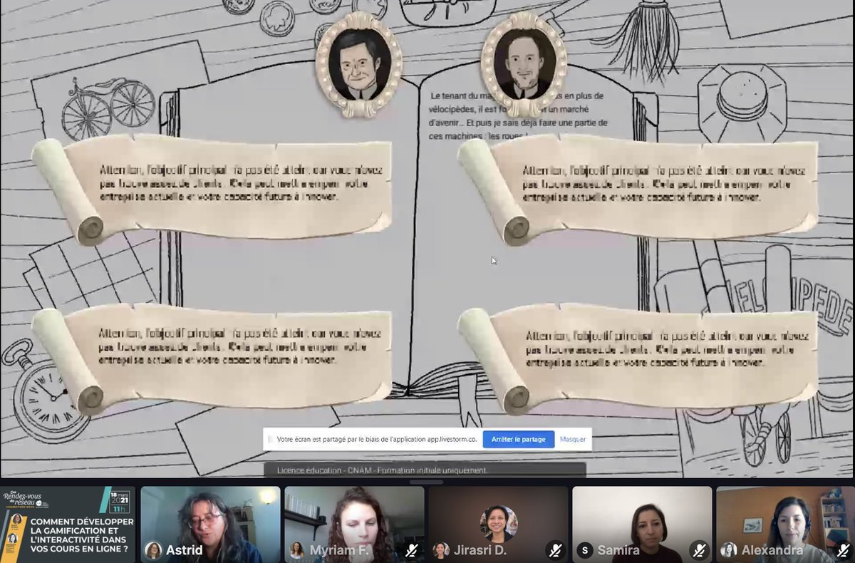 #Webinaire <a href="/ReseauFUN/">ReseauFUN</a>
 👉"Comment développer la #Gamification et l'#Interactivité dans vos #CoursEnLigne? »
<a href="/arosso73/">Astrid Rosso</a> présente #LudoLab @LilianPcb <a href="/LeCnamDN1/">leCnam DN1</a> <a href="/LeCnam/">Le Cnam</a> > différentes approches ludopédagogiques &amp; l’intégration ds un #Mooc <a href="/InnovaFab/">MOOC Fabriquer l'innovation</a> @GillesGarel <a href="/LoicPetitgirard/">Loïc Petitgirard</a>