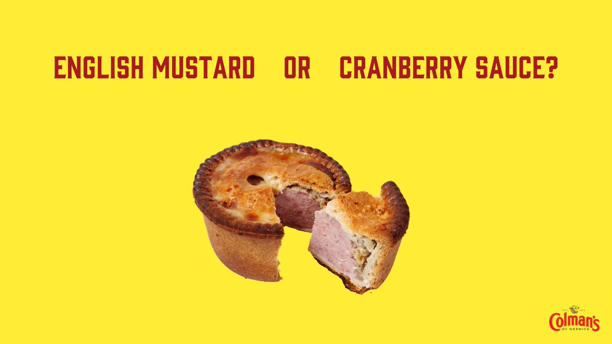 ColmansUK's tweet image. How do you top a Pork Pie? #ThursdayThoughts #colmans

🔁RT for English Mustard
♥️Like for Cranberry sauce