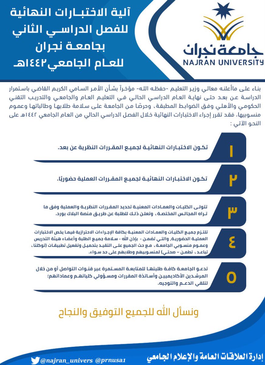 جامعة نجران on twitter إعلان آلية الاختبارات النهائية للفصل الدراسي الثاني بـ جامعة نجران للعام الجامعي الحالي١٤٤٢هـ نعود بحذر https t co xutynm8pp4 twitter