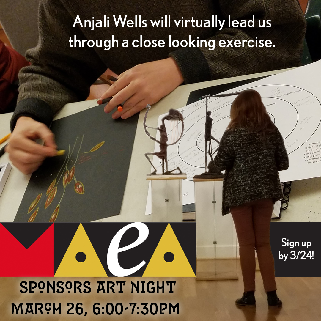 MDartED's tweet image. Bring your MAEA friends to Art Night!  This event is online, Friday, March 26, 6:00-7:30pm.  With Anjali Wells explore close-looking strategies and how to use them in the classroom to facilitate student creation and writing. 
Sign up by 3/24 at docs.google.com/forms/d/e/1FAI…