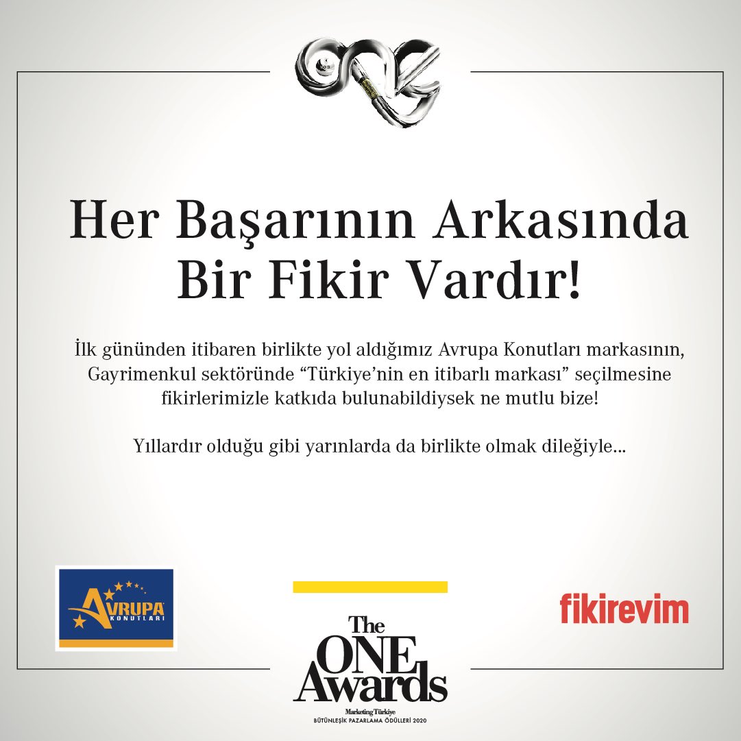 İlk gününden itibaren birlikte yol aldığımız <a href="/avrupakonutlari/">Avrupa Konutları</a> markasının, Gayrimenkul sektöründe “Türkiye’nin en itibarlı markası” seçilmesine fikirlerimizle katkıda bulunabildiysek ne mutlu bize! Yıllardır olduğu gibi yarınlarda da birlikte olmak dileğiyle... 
<a href="/MarketingTR/">Marketing Türkiye</a>