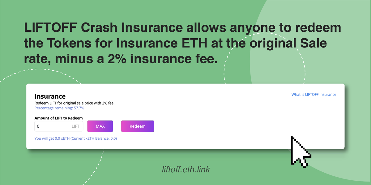 LiftoffEth's tweet photo. The #CrashInsurance Insurance allows anyone to redeem the Tokens for Insurance #ETH at the original Sale rate, minus a 2% insurance fee. After the first week, the Insurance continues for 10 more weeks but with a declining coverage of supply and can be exhausted.

#LiftOff #LIFT https://t.co/dPC4WeDuwi