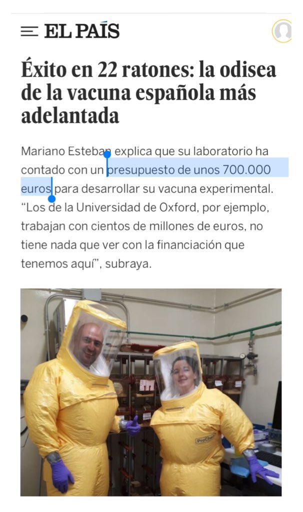 Tonicanto1's tweet photo. Presupuesto del equipo del CSIC para desarrollar en su laboratorio una vacuna contra el covid-19: 700.000 euros. 

El Consejo de Ministros aprueba rescatar con 53 millones de euros a Plus Ultra, aerolínea conectada con el chavismo.

Cuestión de prioridades. https://t.co/NEEqP11yq2