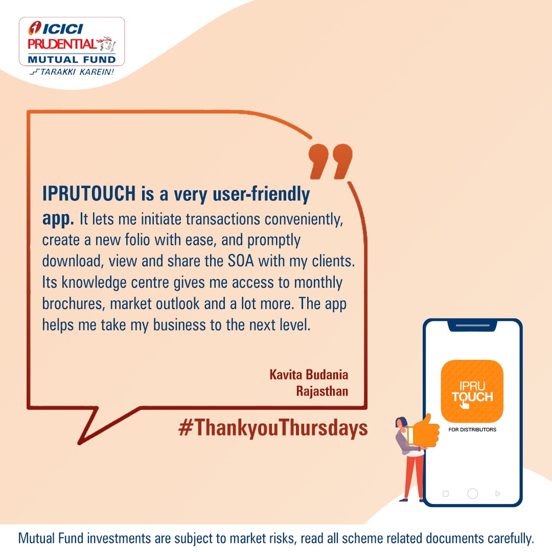 ICICIPruMF's tweet photo. Set new goals for your business and take it to a whole new level with the #IPRUTOUCH app just like Ms Kavita Budania from Rajasthan.
Download now!
https://t.co/soytpy3VvC
#ThankYouThursdays https://t.co/2G7GcV52jO