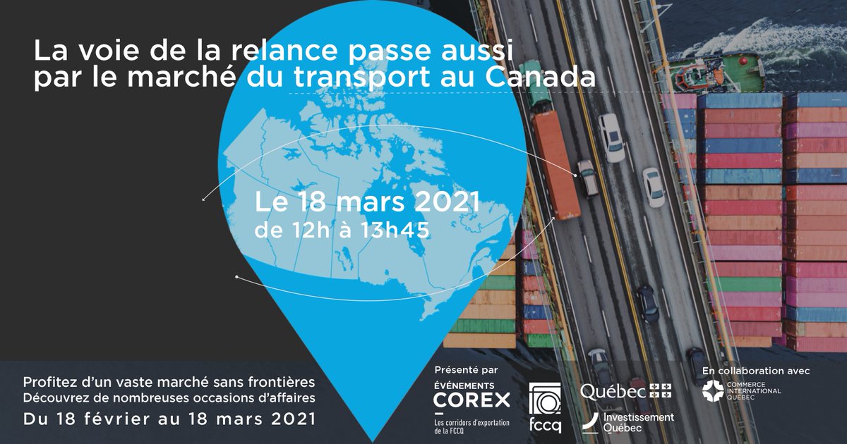 FCCQ's tweet photo. Dernier RV du mois du #commerceinterprovincial à midi avec le marché du transport au Canada : https://t.co/XzVBZdfIl5
@InvestQuebec @GouvQc @QuebecToronto @QuebecOttawa @catherinetadros @vezinar https://t.co/6lsFpkNZ7w