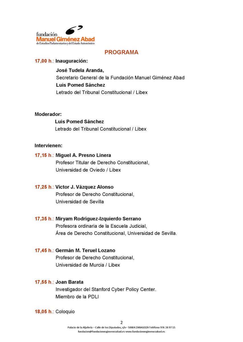 El próximo 25 de marzo tendremos un debate en la <a href="/Fundacion_MGA/">FMGA</a> con <a href="/JoanBarata/">Joan Barata</a> <a href="/PresnoLinera/">Miguel Presno Linera</a> <a href="/VVzquez/">Víctor J. Vázquez</a> <a href="/MiryamRIS/">Miryam R-Izquierdo</a> y Luis Pomed sobre "Redes sociales, censura, pluralismo". Podrá verse por zoom o a través del canal de youtube youtube.com/c/FundacionMan…