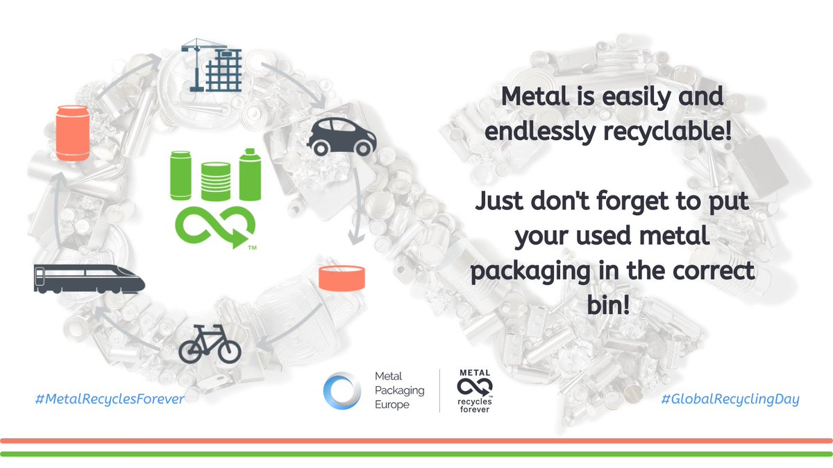 Metal packaging is easily and endlessly recyclable! ♻️

Play your part in keeping metal in the loop and help us keep moving towards increasingly higher recycling rates by making sure you put your used metal packaging in the correct bin!

#GlobalRecyclingDay #MetalRecyclesForever
