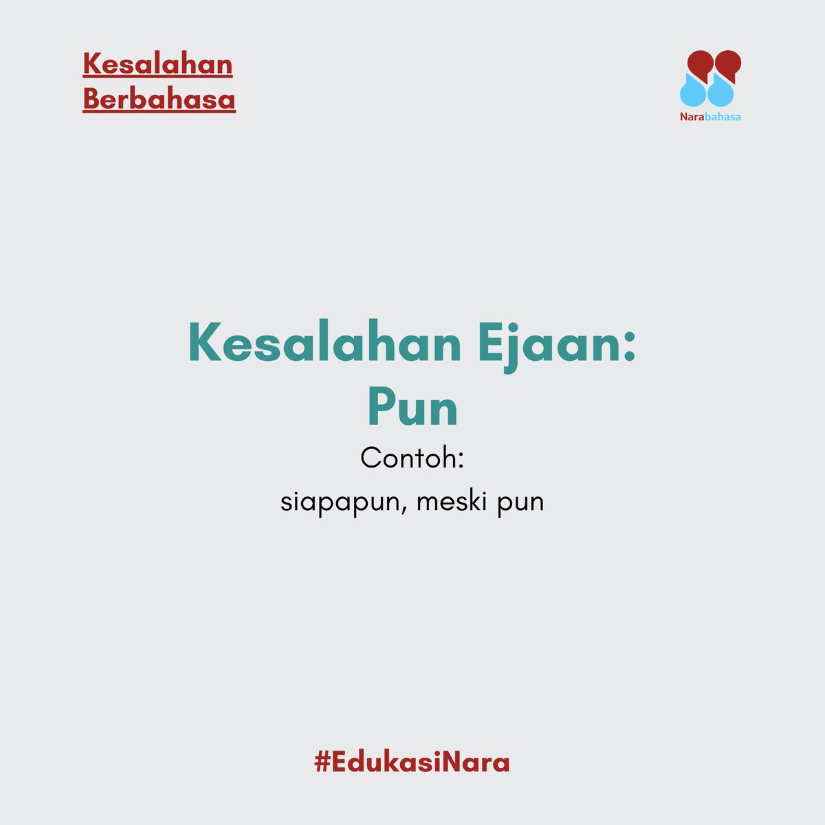 narabahasa's tweet photo. Ingat, "pun" sebagai konjungsi ditulis serangkai dengan kata yang diikutinya. Contohnya adalah "meskipun", "walaupun", dan "kendatipun".

#edukasinara #kesalahanberbahasa #pun https://t.co/GstxbKlfVS
