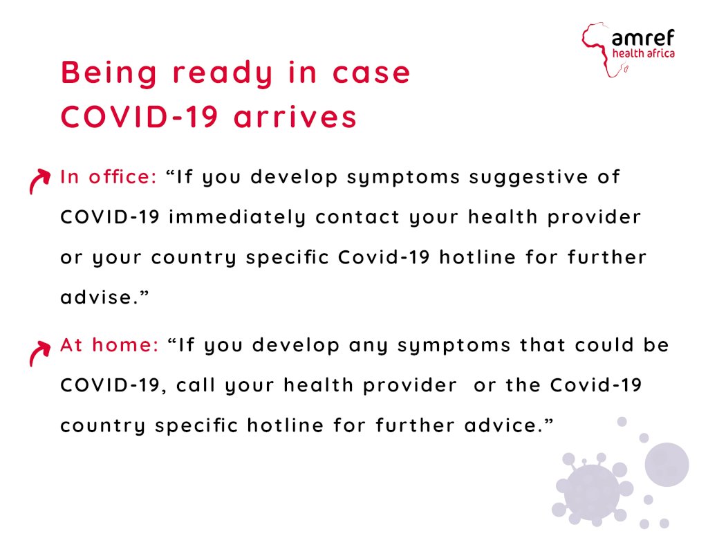 We continue to sensitise &amp; educate people on ways of responding to #COVID19 spread &amp; infection. 

Check below 👇 what you need to do in case you develop #COVID19 suggestive symptoms: cough, shortness of breath, fever. #COVID19Africa #AmrefCovid19Response <a href="/WHOAFRO/">WHO African Region</a> <a href="/WHO/">World Health Organization (WHO)</a> <a href="/AfricaCDC/">Africa CDC</a>