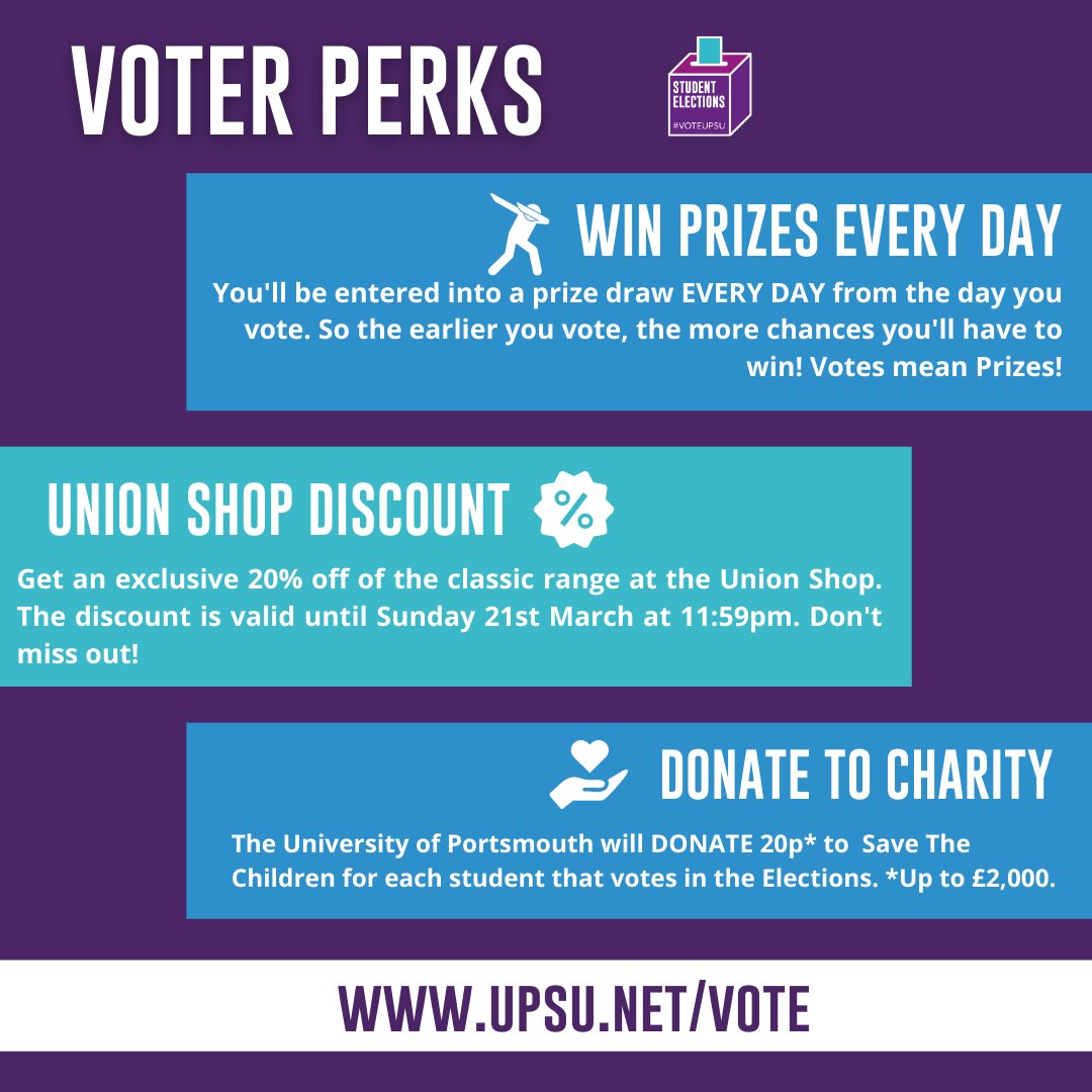VOTE VOTE VOTE! 

Voting closes at 12:30pm tomorrow! Who will you choose to campaign for the change you want to see within the University of Portsmouth?

Head to upsu.net/vote to cast your vote and enter the prize draw!