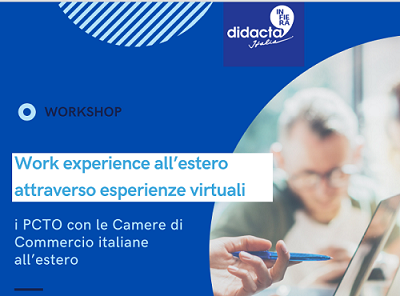unioncamere's tweet photo. "Work experience all’estero attraverso esperienze virtuali: i PCTO con le #cameredicommercio italiane all’estero". Oggi alle 17 il #webinar di #Unioncamere a #FieraDidactaItalia https://t.co/EOFfCyCtiY #scuola #formazione #orientamento #competenze #CCIE #Didactadigital https://t.co/AnLExFvePj