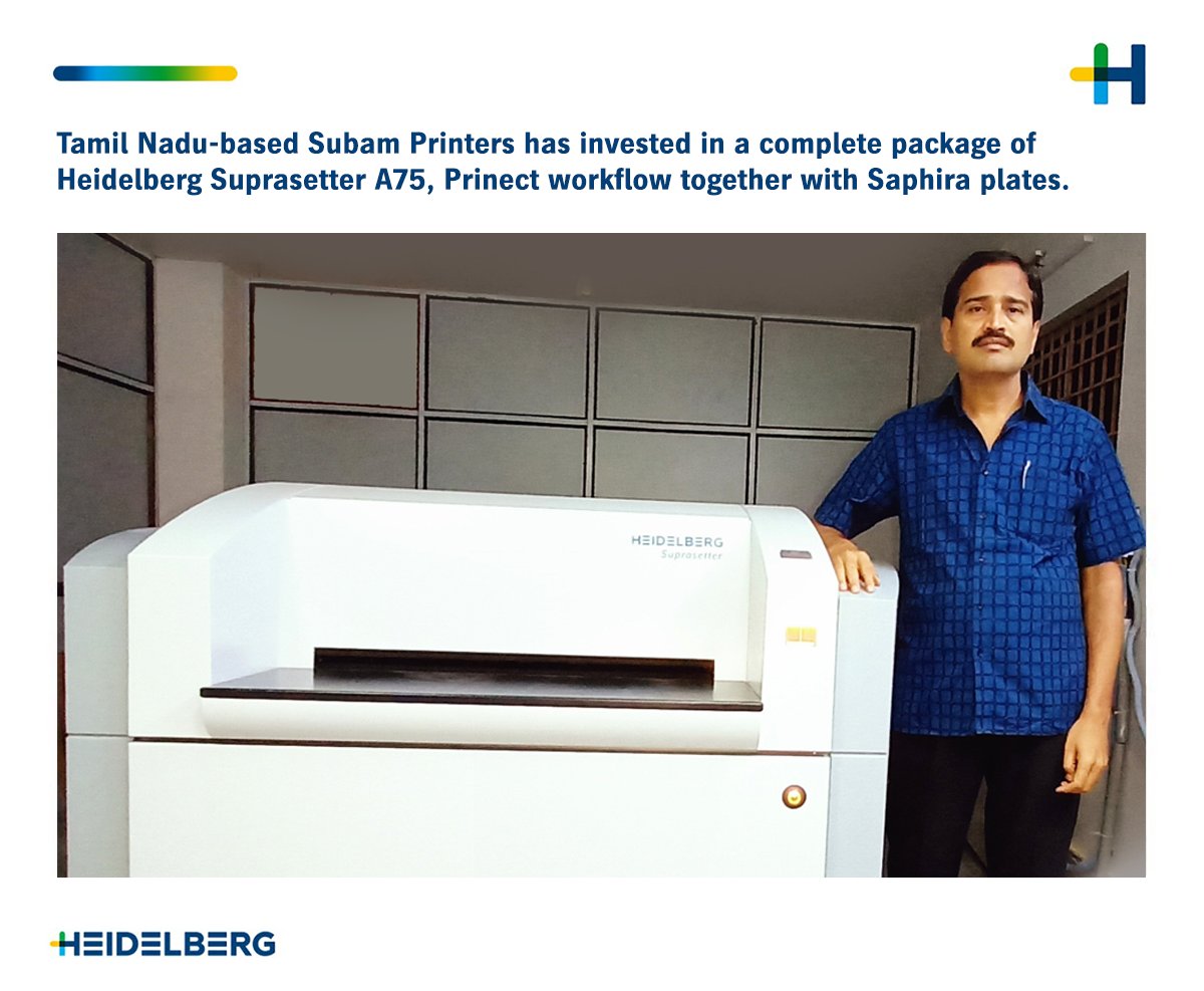 HeidelbergIndia's tweet photo. Tamil Nadu-based Subam Printers has invested in a complete package of Heidelberg Suprasetter A75, Prinect workflow together with Saphira plates. Read the full story here: https://t.co/AshLyykFDr
.
.
#Heidelberg #Suprasetter #Printsitecontracts #Prepress #offsetPrinting #Prinect https://t.co/7s0CCNIg6k
